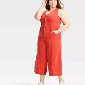 NWT Red Cropped Sleeveless Denim Jumpsuit Size 24